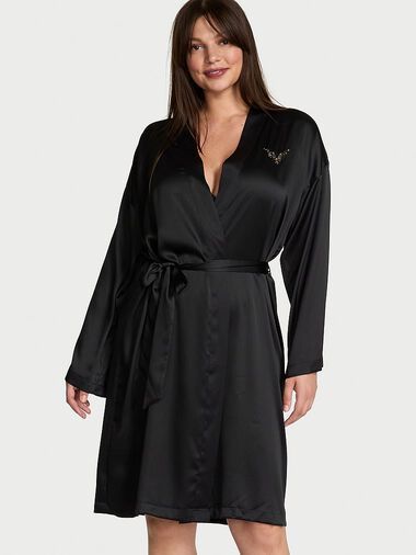 Satin Midi Robe, Black, large