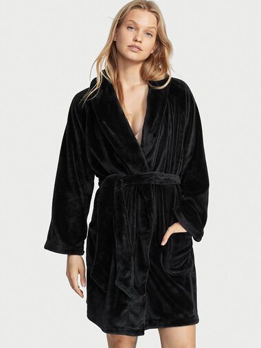 Short Cozy Robe, Black Embossed Logo, large