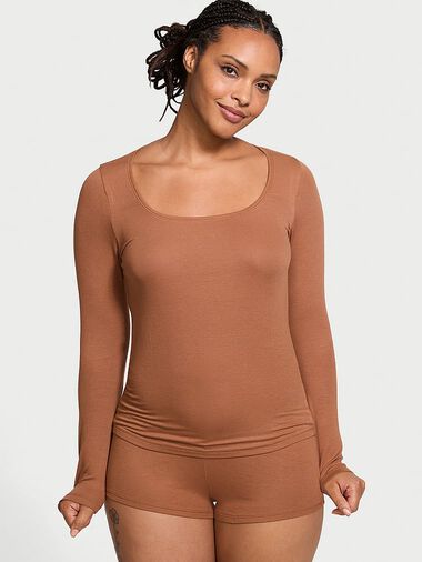 Ribbed Modal Scoop Long-sleeve Shortie Set, Caramel, large