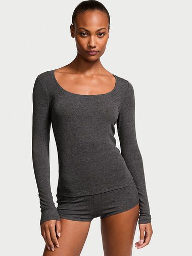 Ribbed Modal Scoop Long-sleeve Shortie Set, Heather Gray, large