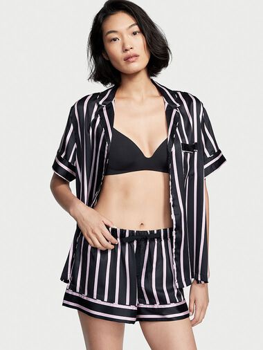 Pigiama Corto In Raso, Black Classic Stripe, large