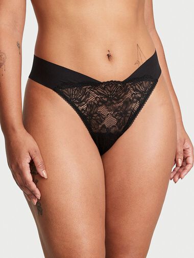 Tanga Senza Cuciture Con Pannello In Pizzo, Black, large