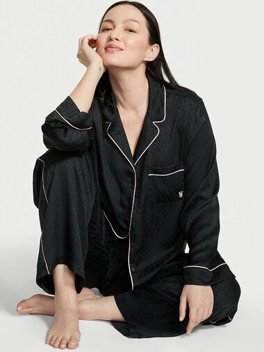 Pigiama Lungo In Raso, Black Logo Jacquard, large