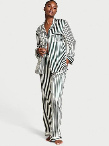 Glazed Satin Long Pajama Set, IconicStrpe, large