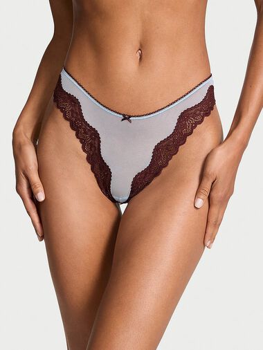 Tanga Sgambato In Mesh Tease Con Finiture In Pizzo, Light Blue, large