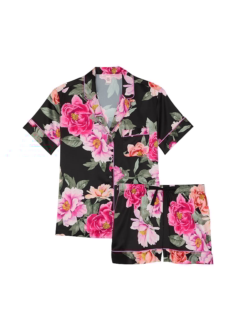 Pigiama Corto In Raso Satinato, Black Floral Bouquet, large