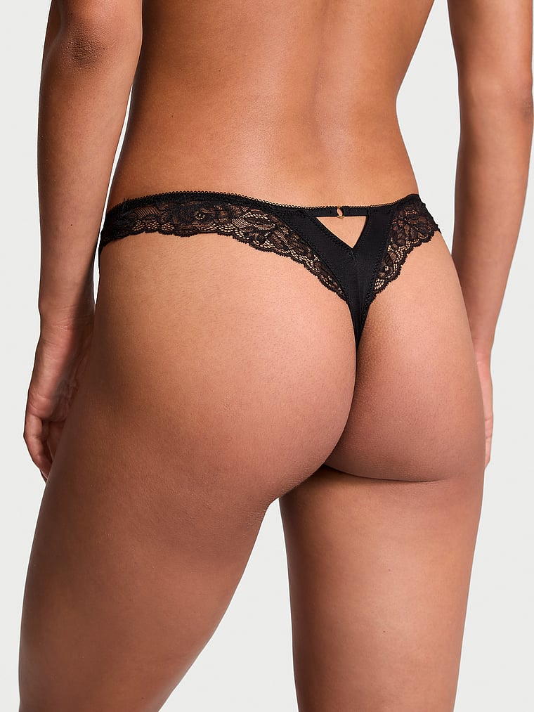 Tanga Sgambato Con Finiture In Pizzo Ornato Da Rose, BLACK, large