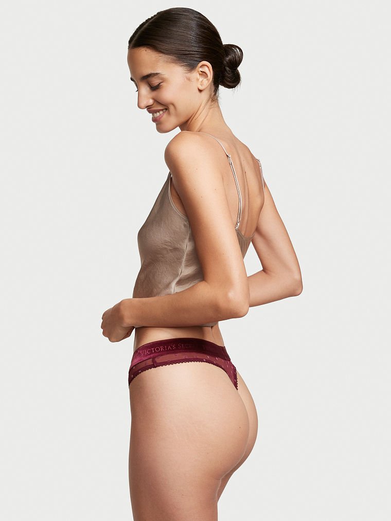 Tanga In Tessuto Floccato Con Girovita Logato In Velluto Di Cotone, Description, large
