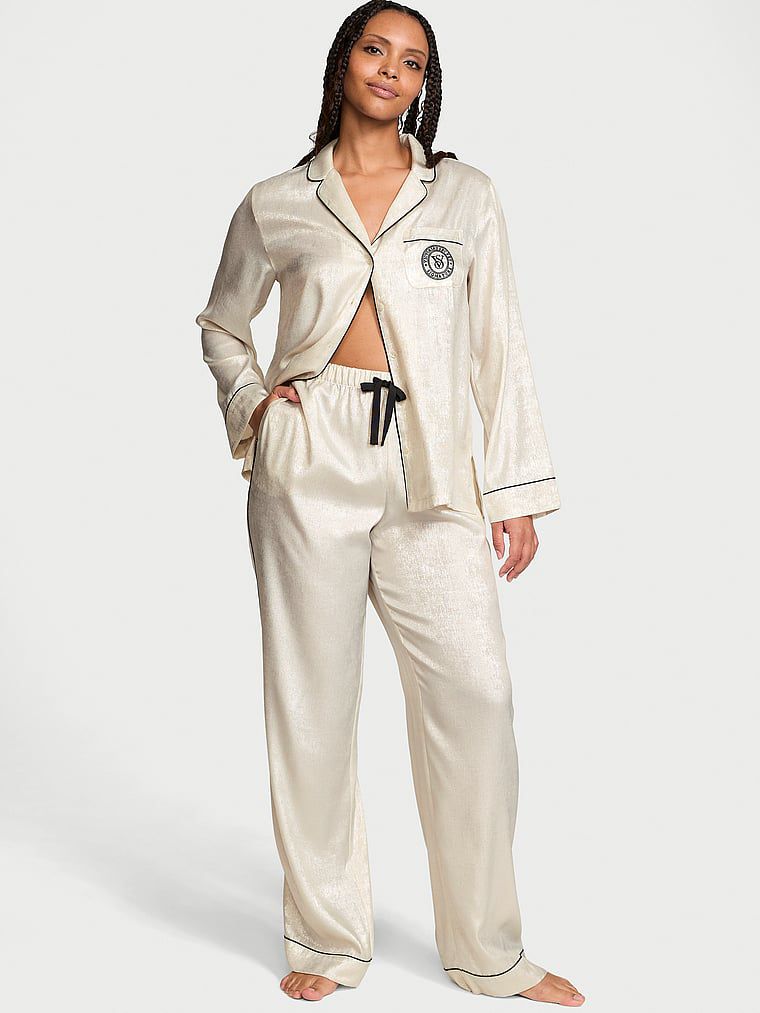 Glazed Satin Long Pajama Set, FionaFoil, large