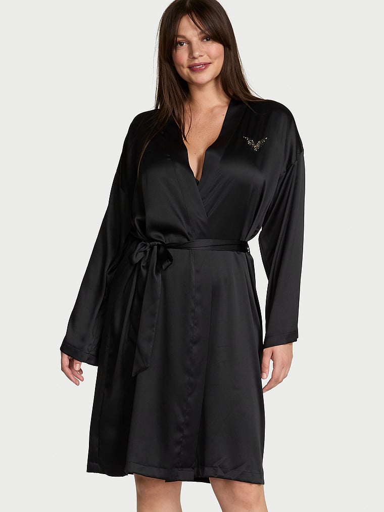 Satin Midi Robe, Black, large