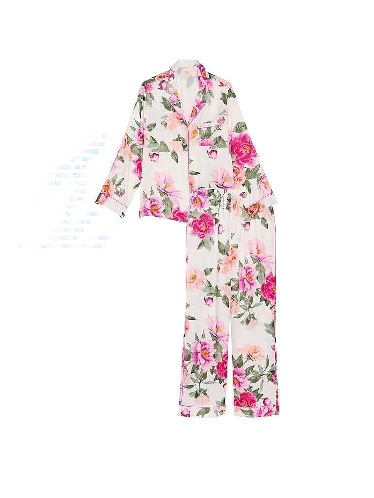 Pigiama Lungo In Raso Satinato, Coconut White/New Peony Floral Bouquetes, large