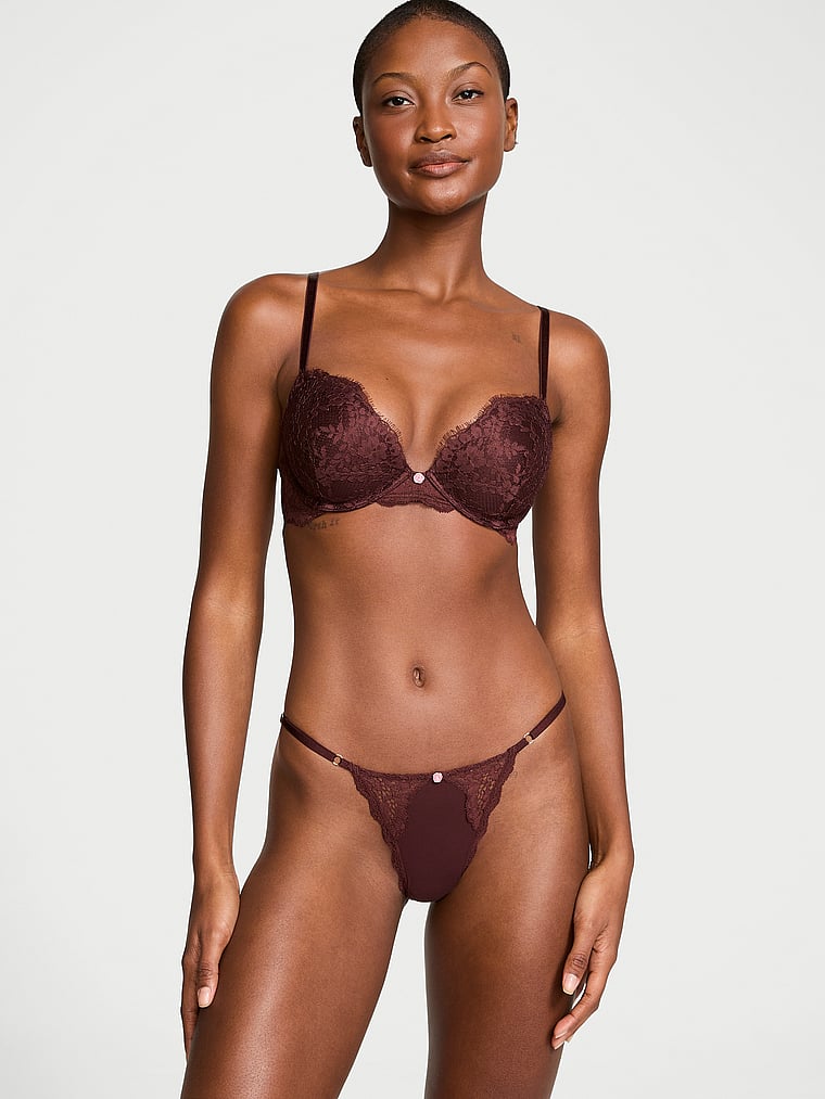 Tanga Regolabile Con Inserti In Pizzo, Burgundy Brown, large