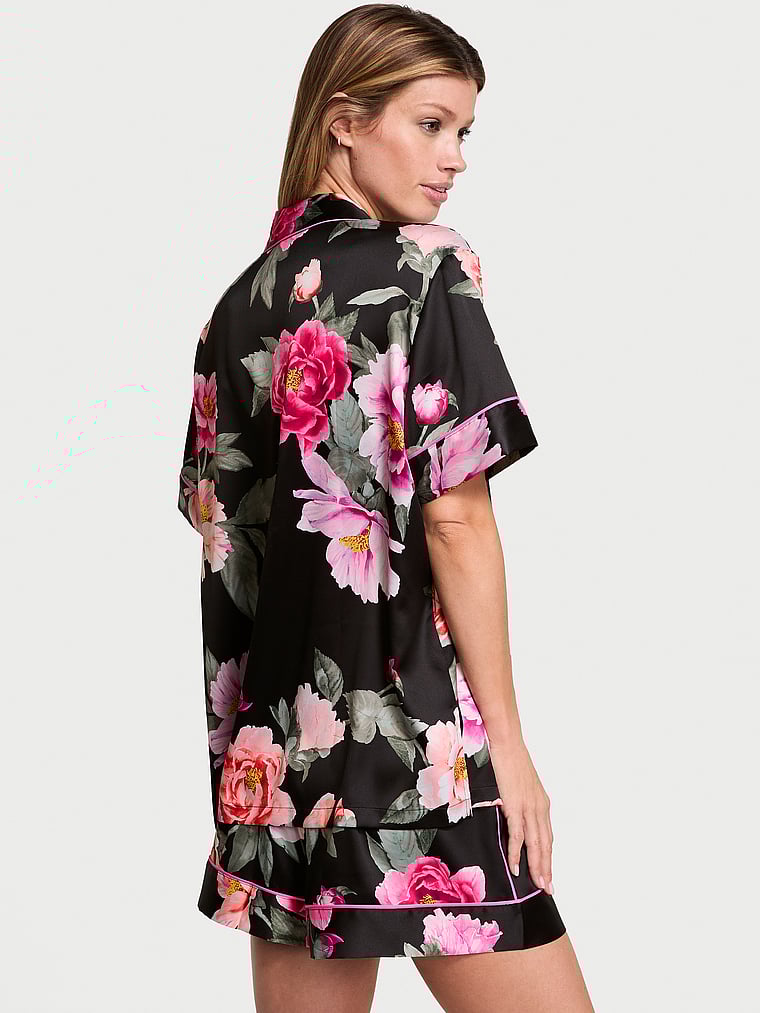 Pigiama Corto In Raso Satinato, Black Floral Bouquet, large