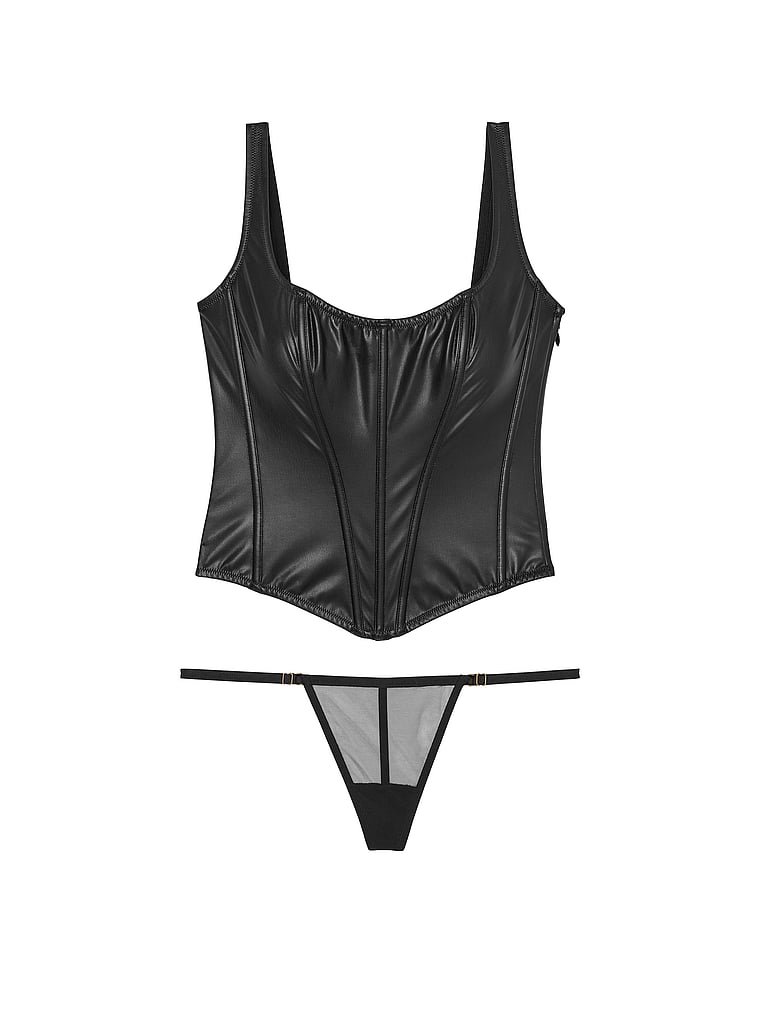 Classic Faux Leather Corset Set, BLACK, large