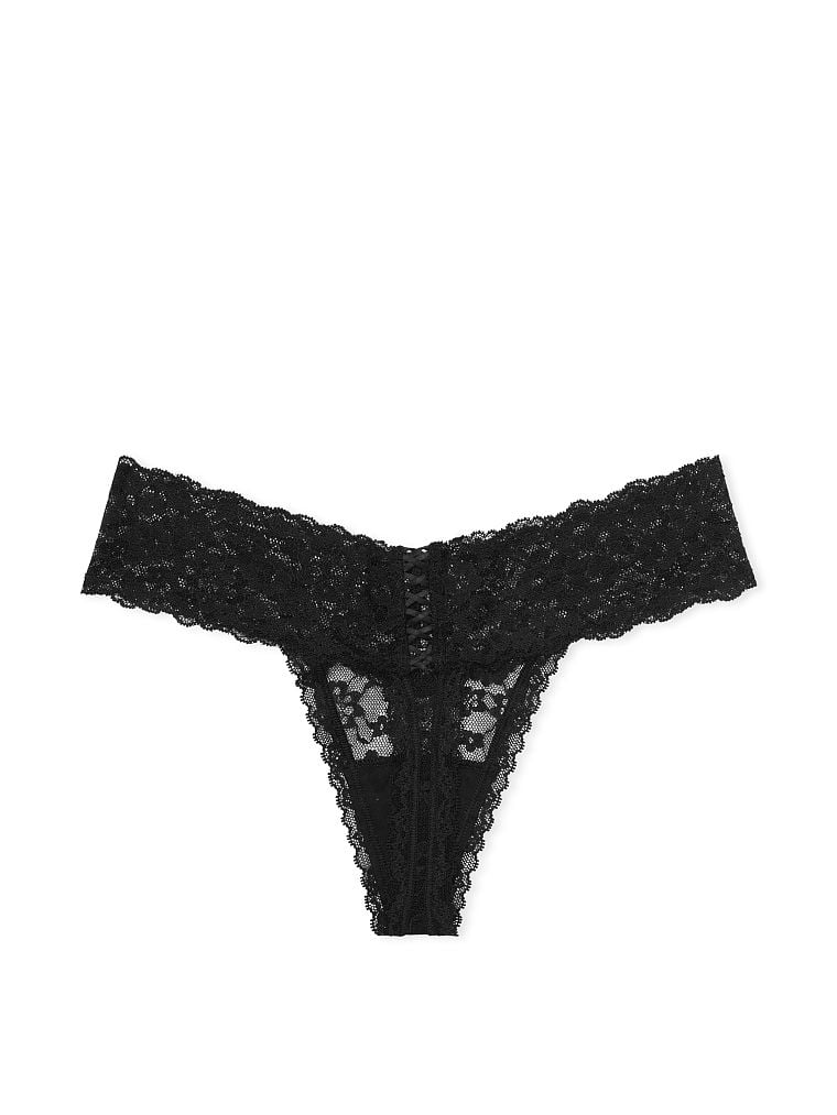 Tanga In Pizzo Posey Con Dettaglio Stringato, Black, large