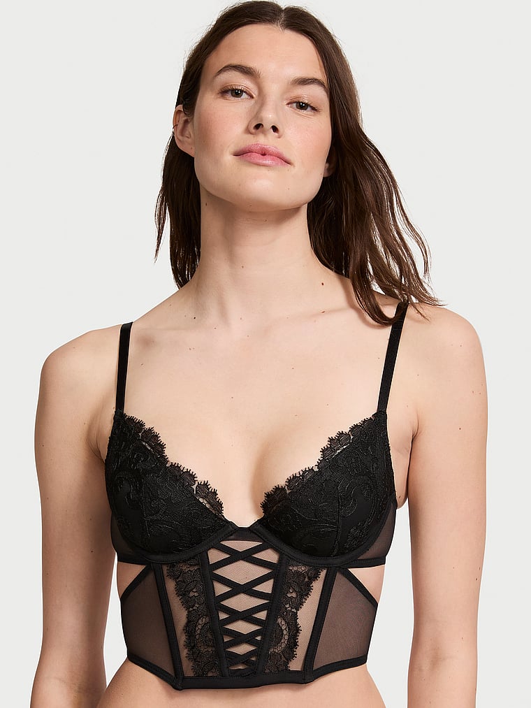 Top Stile Corsetto Low-cut Demi Con Ricami Floreali Boho-chic, Black, large