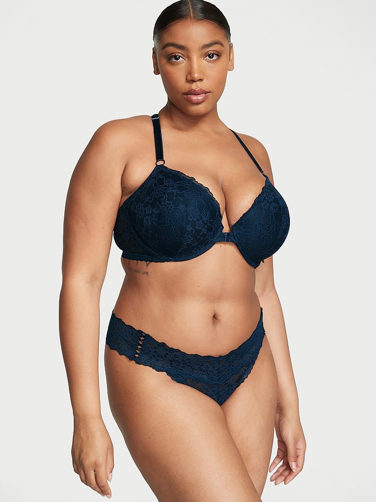 Tanga In Pizzo Con Dettagli Stringati, Noir Navy, large