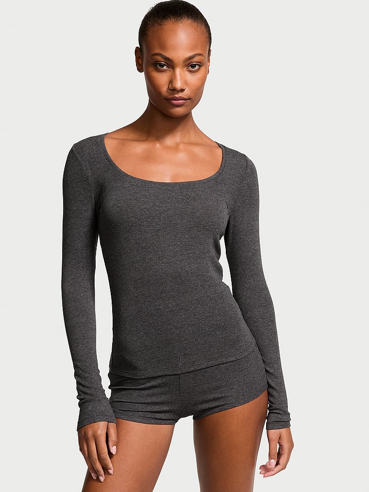 Ribbed Modal Scoop Long-sleeve Shortie Set, Heather Gray, large