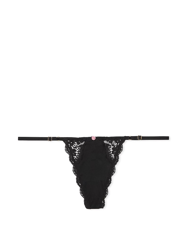 Tanga Regolabile Con Inserti In Pizzo, Black, large