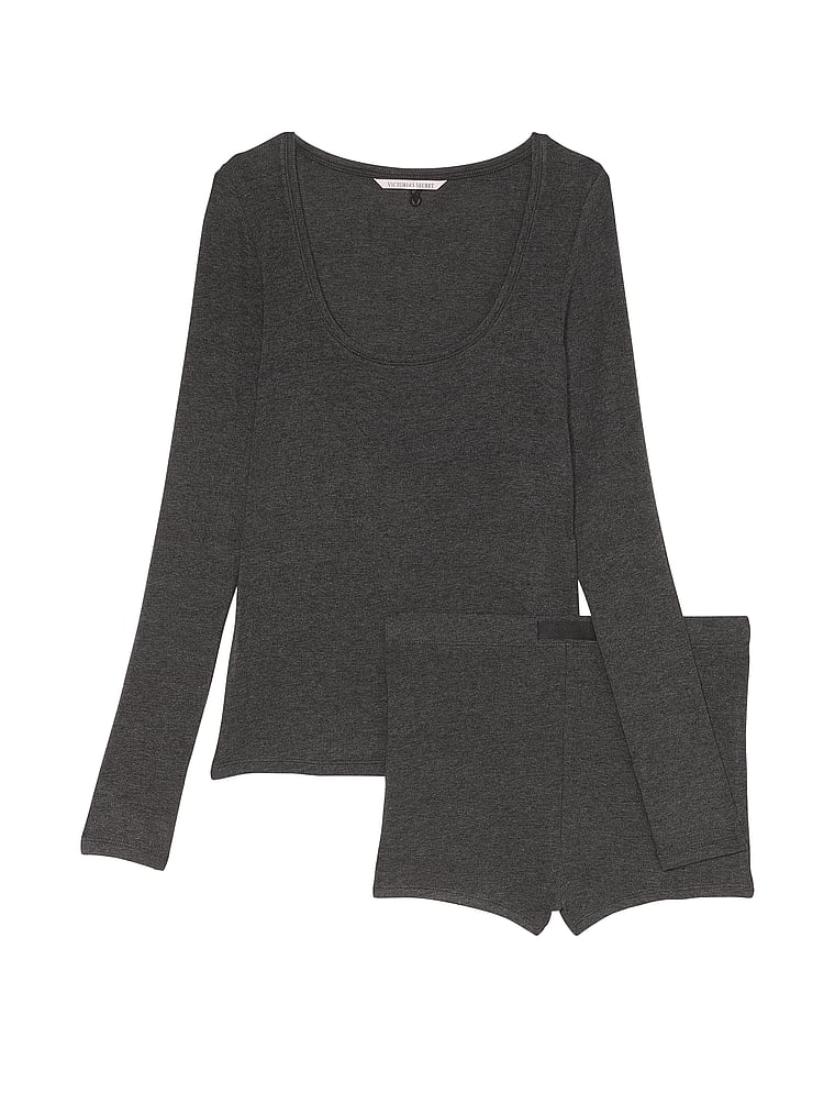 Ribbed Modal Scoop Long-sleeve Shortie Set, Heather Gray, large