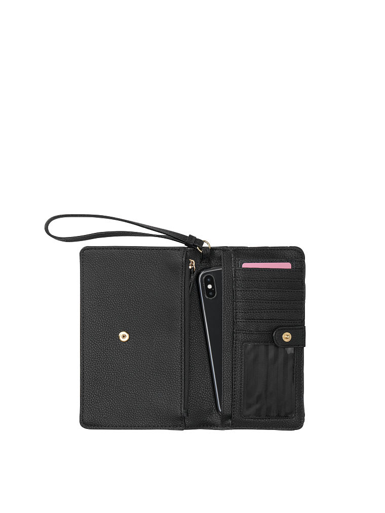 Pochette da polso in pelle trapuntata a V  con borchie, Black/Gold, large