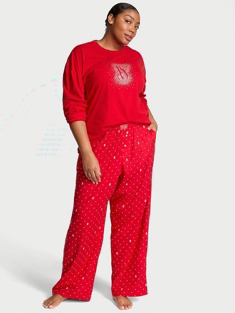 Pigiama Con Pantalone In Flanella E T-shirt A Maniche Lunghe, LIPSTICK LOGO DOTS, large