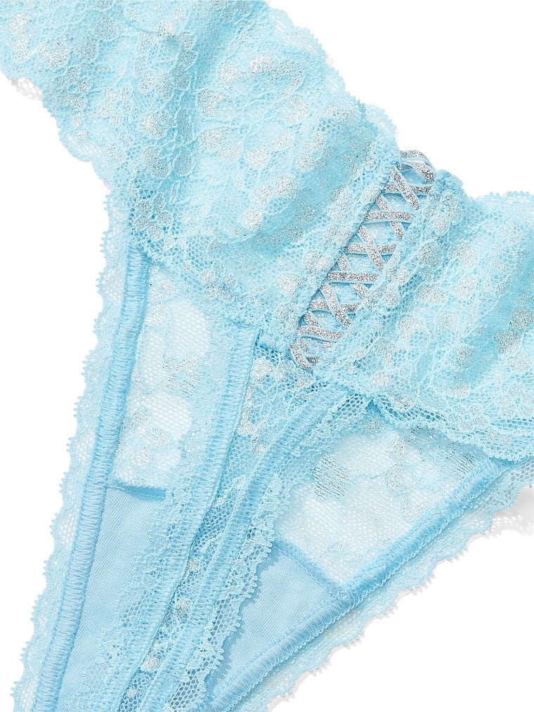 Tanga In Pizzo Glitterato Con Dettaglio Stringato, Blue Topaz Shimmer, large