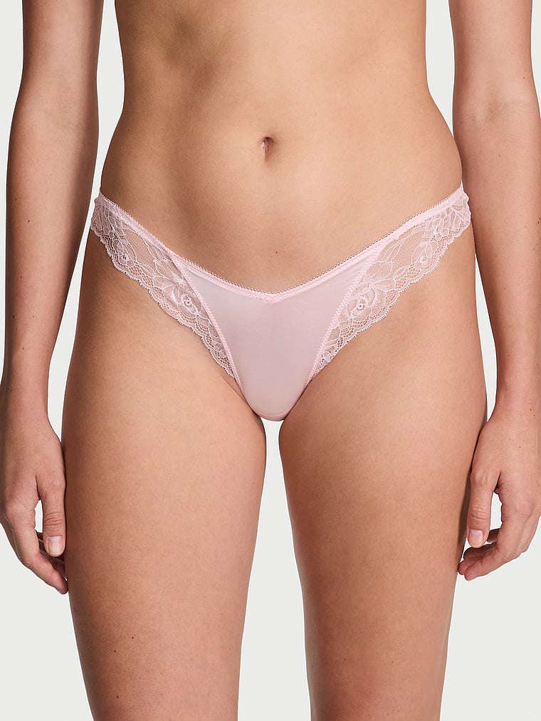 Tanga Sgambato Con Finiture In Pizzo Ornato Da Rose, Angel Pink, large