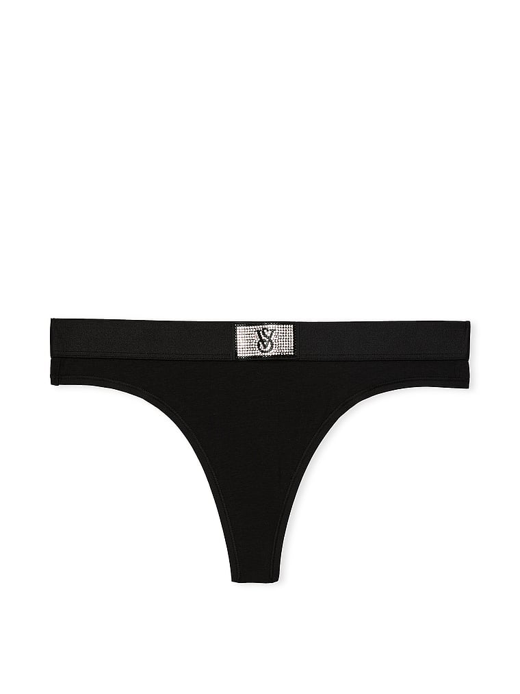 Tanga In Cotone Con Dettaglio Di Strass E Logo, Black, large