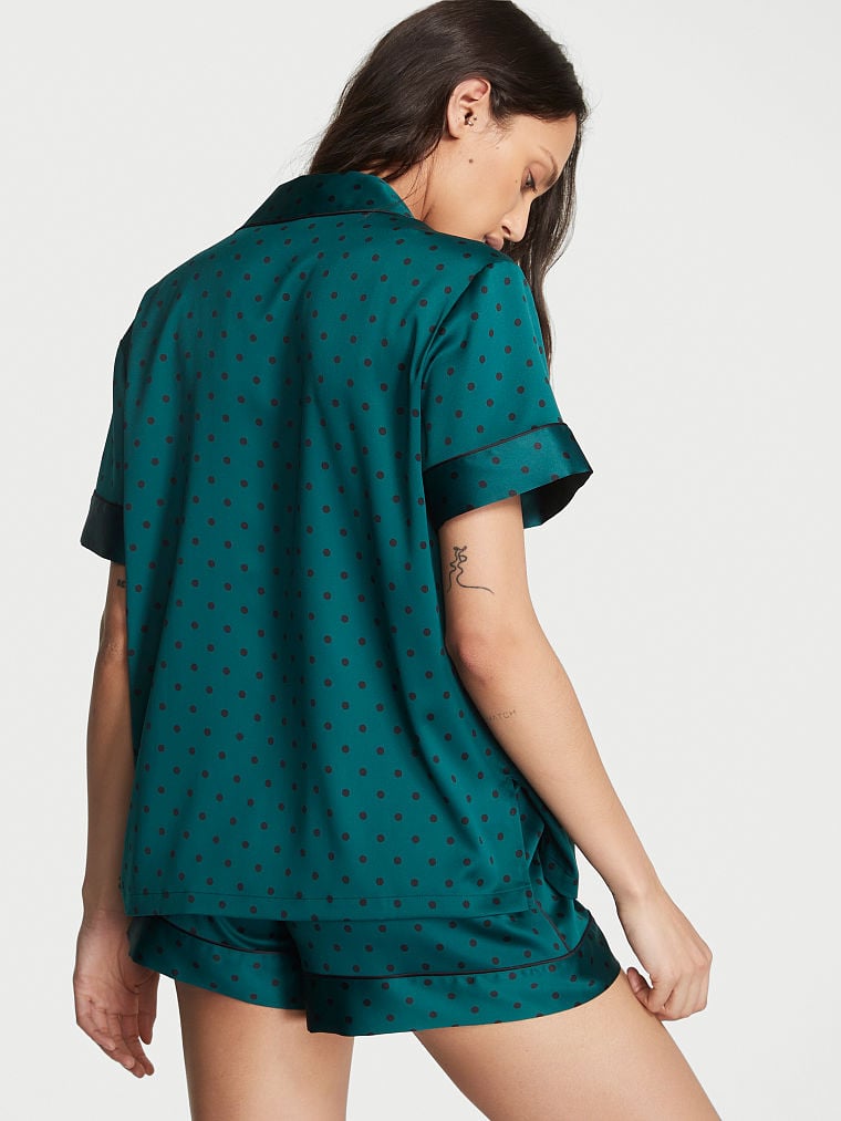 Pigiama Corto In Raso, Deepest Green Dot, large