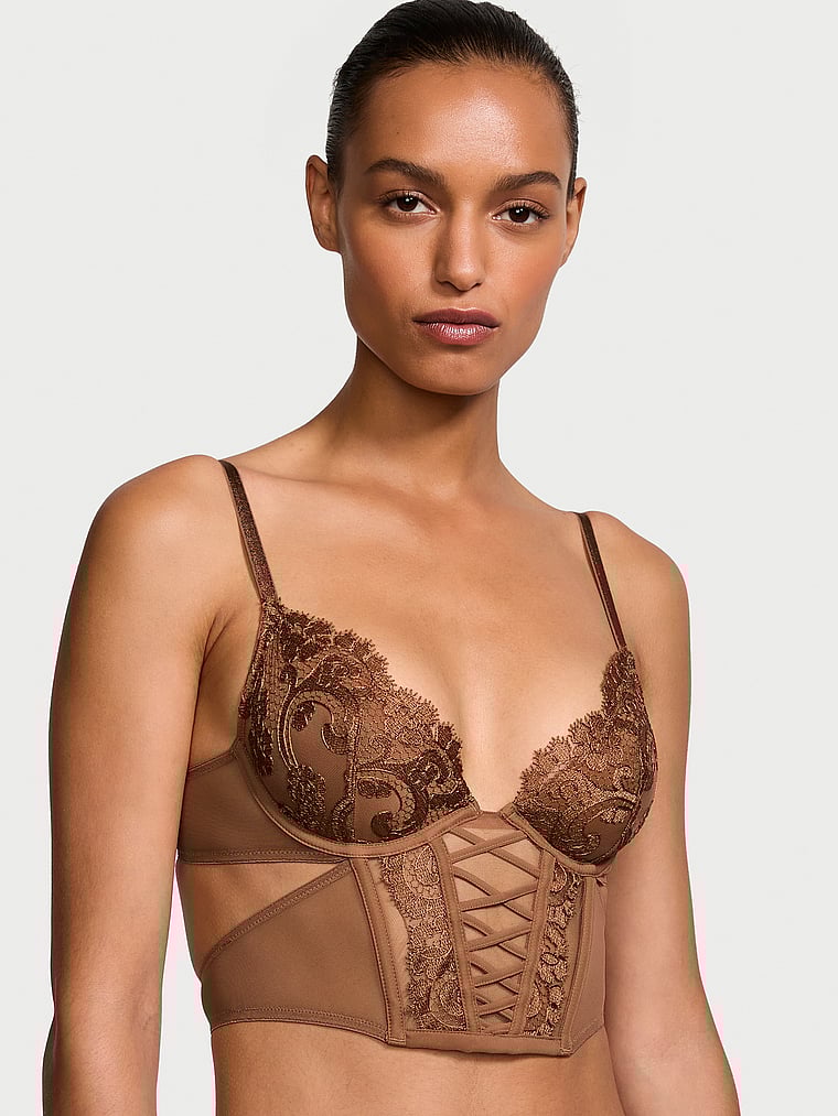 Top Stile Corsetto Low-cut Demi Con Ricami Floreali Boho-chic, Caramel, large