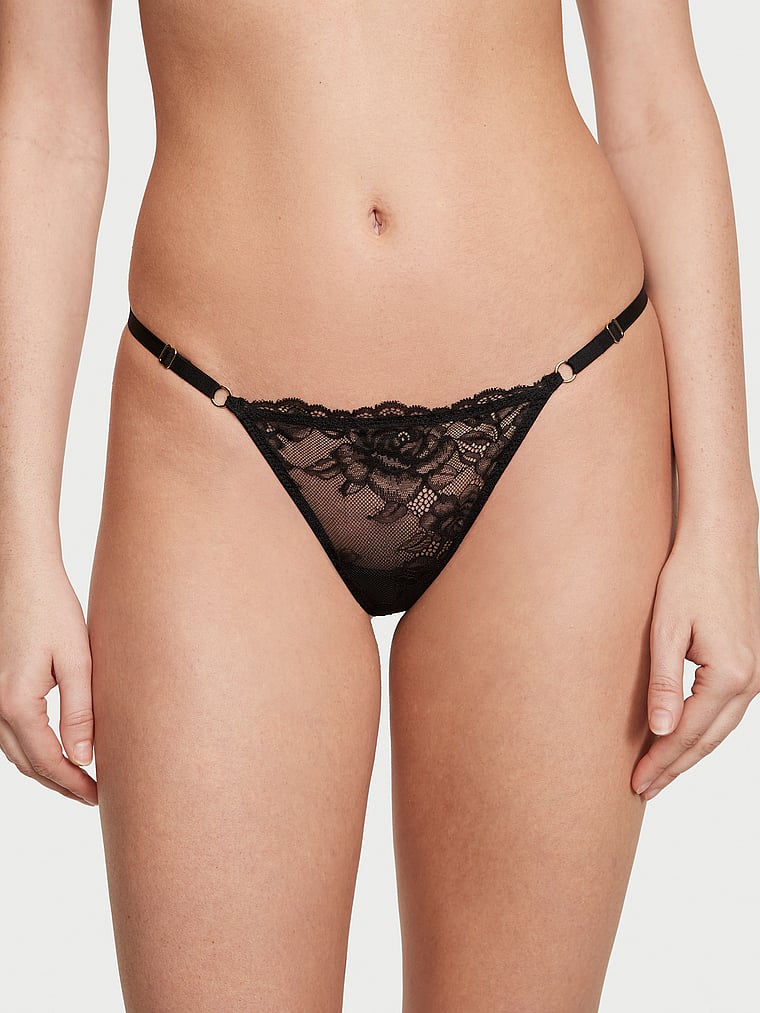 Tanga Regolabile In Pizzo, Black, large