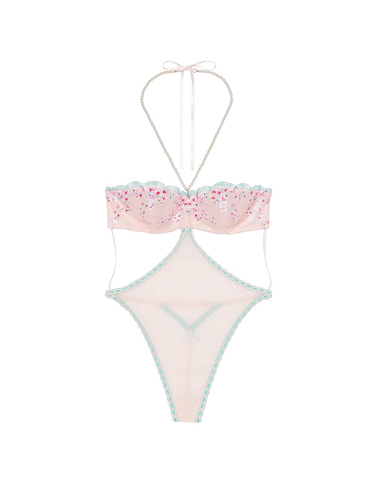 Cherry Blossom Embroidery Pearl Halter Teddy, Ballet Pink, large
