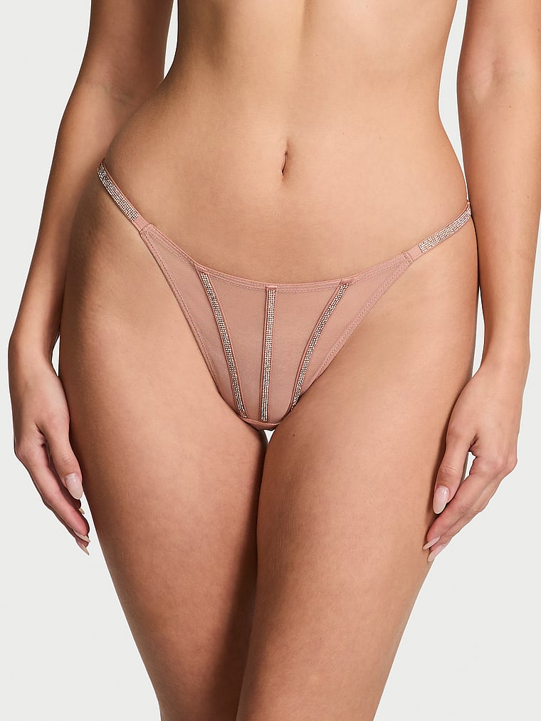 Tanga In Tessuto Trasparente Con Dettagli Luminosi, Almond Beige, large