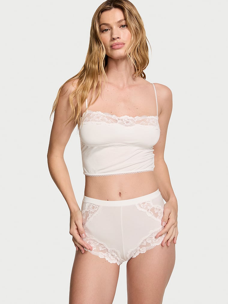 Completo In Modal E Pizzo Con Canotta Dallo Scollo Dritto, Coconut White, large