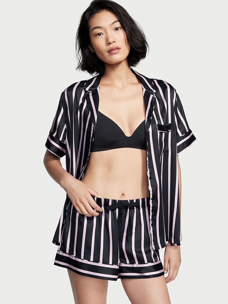 Pigiama Corto In Raso, Black Classic Stripe, large