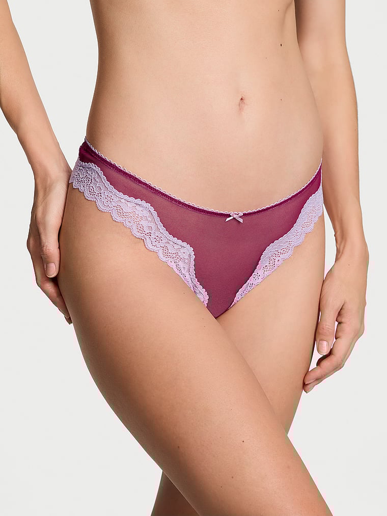 Tanga Sgambato In Mesh Tease Con Finiture In Pizzo, Campari Red, large