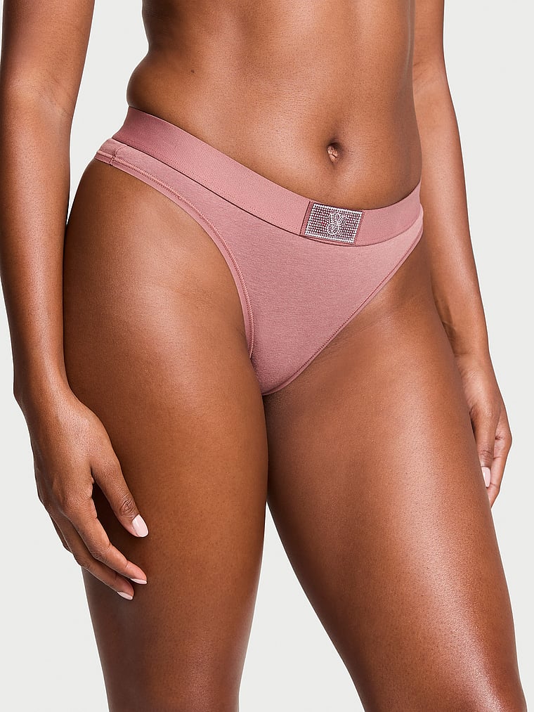Tanga In Cotone Con Dettaglio Di Strass E Logo, Vintage Rose, large