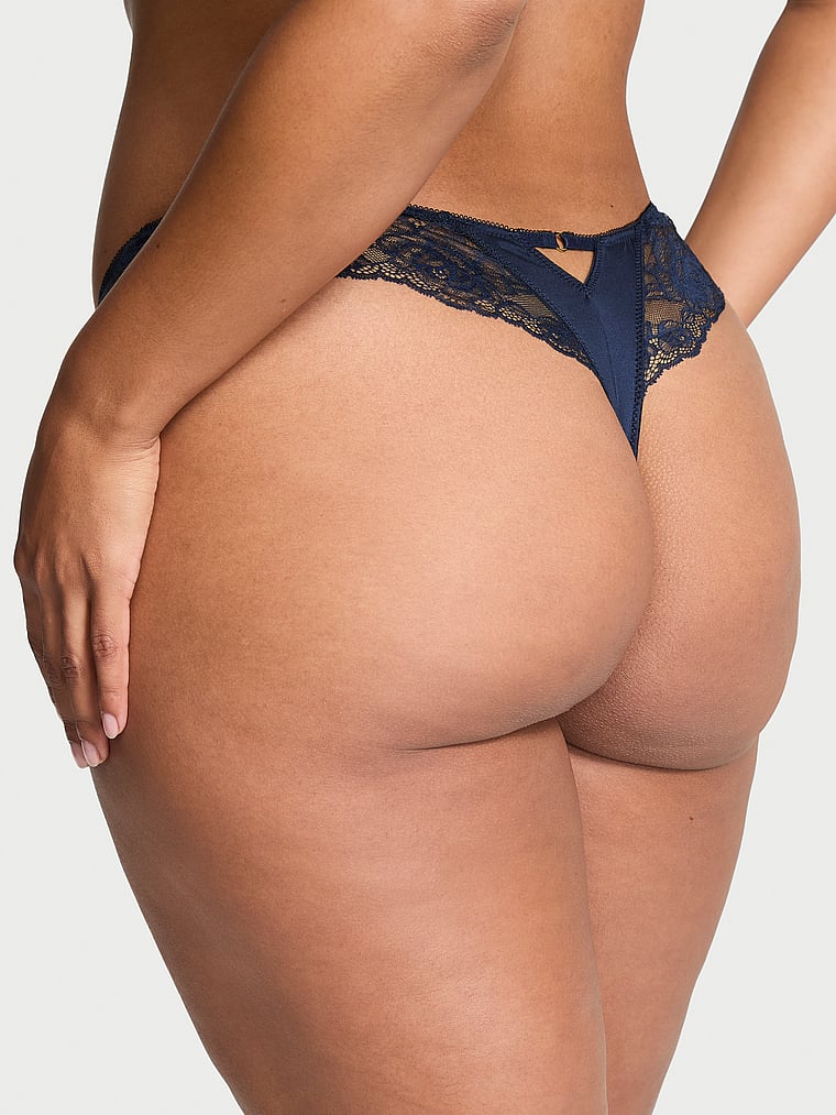 Tanga Sgambato Con Finiture In Pizzo Ornato Da Rose, Dark Twilight, large