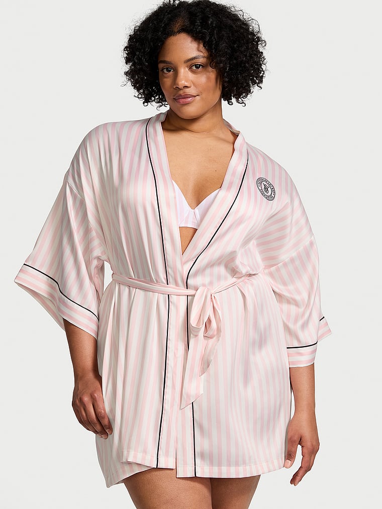 Vestaglia Corta In Raso Con Piping, Pink Iconic Stripe, large