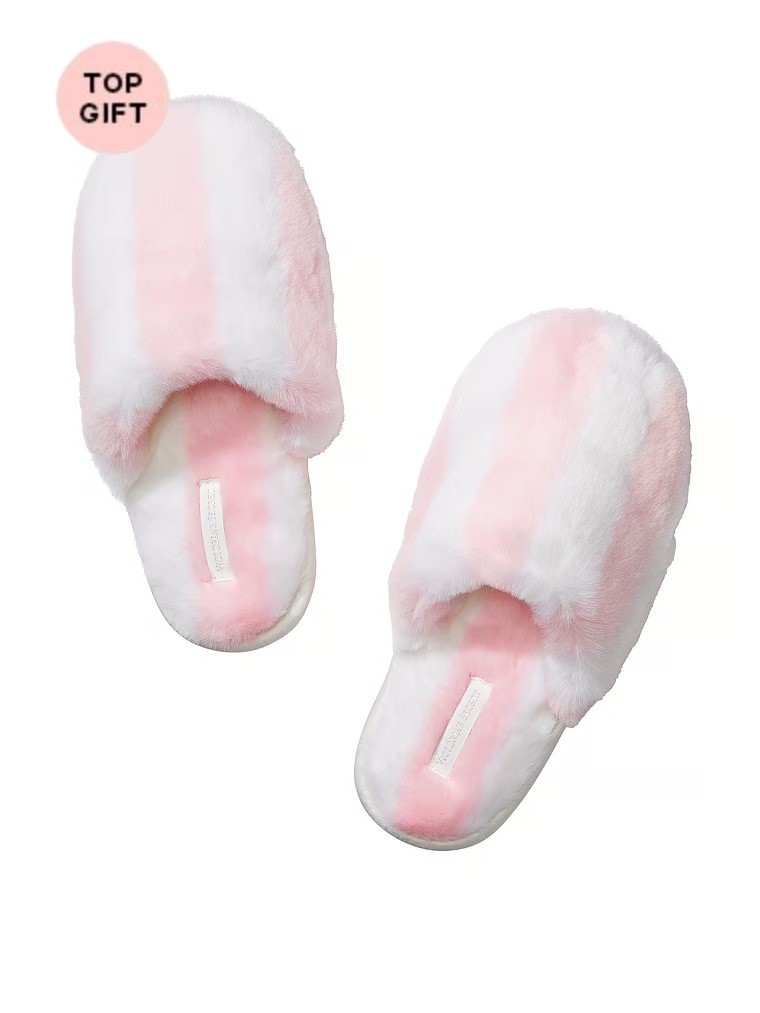 Closed-toe Faux Fur Slippers, Wide Stripe, large