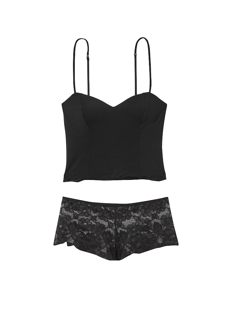 Modal & Lace Cropped Cami Set, Black, large