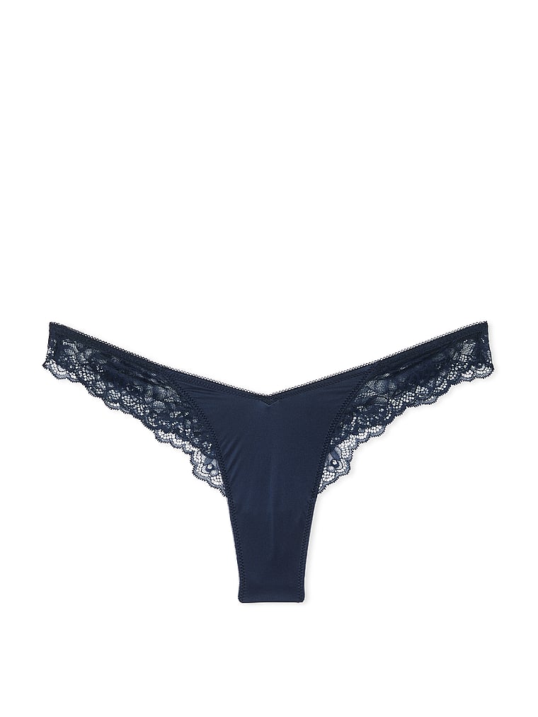 Tanga Sgambato Con Finiture In Pizzo Ornato Da Rose, Dark Twilight, large