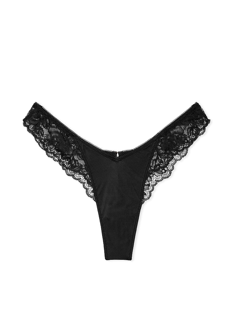Tanga Sgambato Con Finiture In Pizzo Ornato Da Rose, BLACK, large