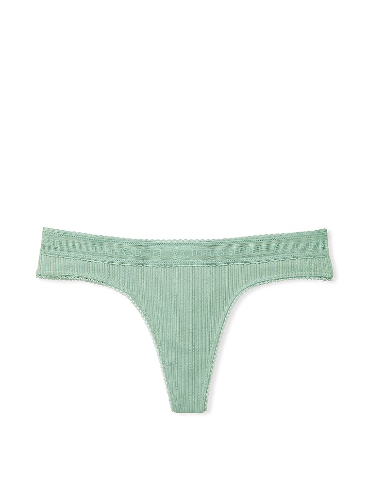 Tanga In Cotone Con Vita In Pizzo E Logo, Green, large