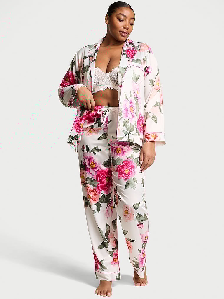Pigiama Lungo In Raso Satinato, Coconut White/New Peony Floral Bouquetes, large