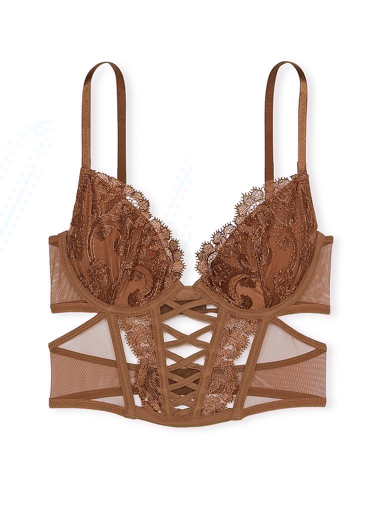 Top Stile Corsetto Low-cut Demi Con Ricami Floreali Boho-chic, Caramel, large