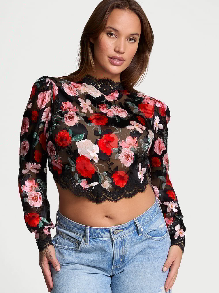 Bolero Con Finiture In Pizzo E Raso Noir Burnout Atelier Victoria’s Secret, BLACK FLORAL, large