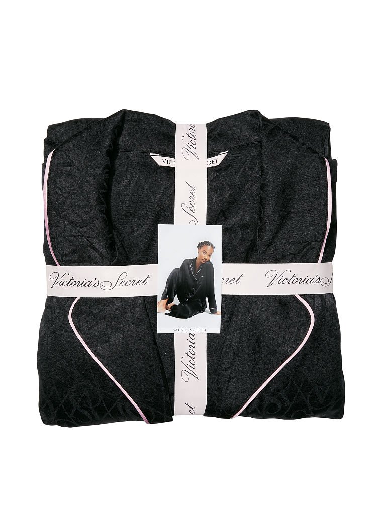 Satin Long Pajama Set, Black Logo Jacquard, large