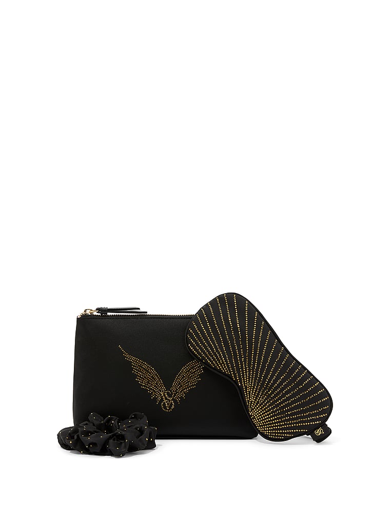 Victoria's Secret Backstage 3-piece Satin Shine Accessories Set, Black and Coconut White Gold Wings, large